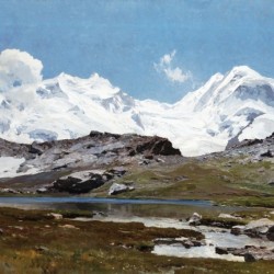 Mountain landscape with lake and snow